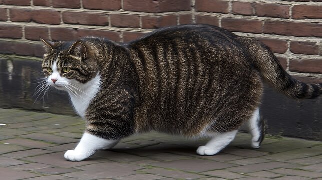 A fat tabby cat with white paws and chest walks across a brick path in front of a brick wall.