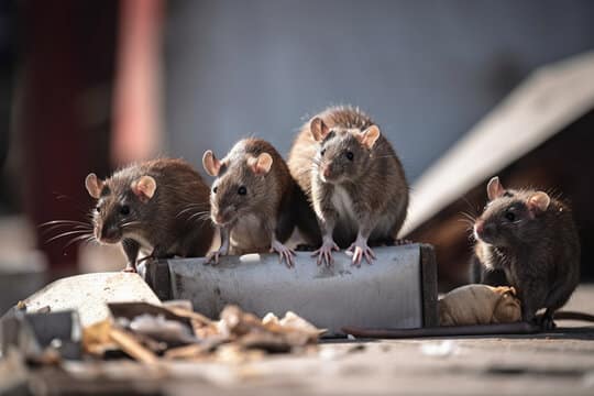 Four brown rats are standing close together on a piece of debris, surrounded by scattered trash and clutter in an outdoor setting. The background is blurred.