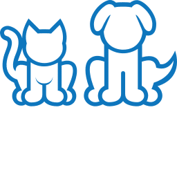Outline illustration of a cat and a dog sitting next to each other, both facing forward. The cat's tail curves upwards, and both animals are simplified with minimal detail in blue color, perfect for a veterinarian's office or clinic.