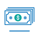 A simple graphic of three stylized currency notes stacked together, each featuring a dollar sign in the center. The notes are outlined in blue with a green circular emblem in the middle, symbolizing financial support for veterinarians.