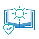 An icon showing an open book with a sun rising above the pages. In front of the book is a heart with a check mark inside it, suggesting themes of knowledge, light, and positive affirmation—ideal for a veterinarian's logo emphasizing care and expertise.