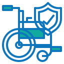 A blue and turquoise icon of a wheelchair with a shield containing a checkmark in the background. The icon represents accessibility, protection, and could also signify veterinarian services ensuring pet health and safety.