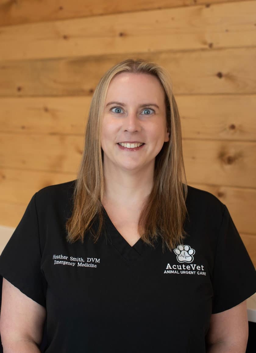 A woman with shoulder-length blonde hair smiles while wearing black medical scrubs with her name and title, "Heather Smith, DVM Emergency Medicine," and a white logo that reads "AcuteVet Animal Urgent Care". The background is a wooden-paneled wall, capturing the professional aura of this dedicated veterinarian.