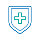 An icon of a shield outlined in blue, with a teal-colored cross in the center, representing veterinary protection or healthcare.