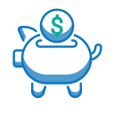 A blue icon of a piggy bank with a coin featuring a dollar sign being inserted into its slot. The piggy bank, resembling one seen at your local veterinarian's office, has a tail, two legs, and ears. The coin has a green dollar symbol on it.