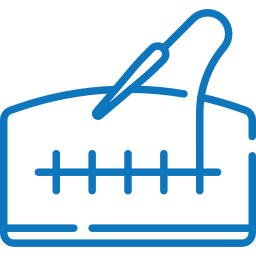 A blue line drawing of a sewing machine needle and presser foot. The needle is angled downward toward a flat surface marked with evenly spaced lines, representing the stitch plate. Much like a vet's precision in surgery, the detailed lines evoke meticulous care and accuracy.