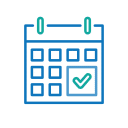 A blue and green calendar icon with a grid layout representing days. One date is marked with a checkmark, indicating a scheduled veterinarian appointment or commitment. The overall design is minimalistic and clear.