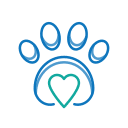 A blue paw print outline with four toes. Inside the curved arch of the paw, there is a green heart. The design is simple and modern, often associated with pet-related themes or veterinarian care.