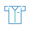 Icon of a short-sleeved shirt with a V-neck collar. There is a small rectangular pocket on the left side of the chest, perfect for a vet's tools. The shirt features a vertical line down the front, indicating a seam, button line, or zipper. The icon is outlined in blue and green.