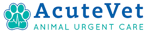 A logo for AcuteVet Animal Urgent Care featuring a teal and white paw print with a heart rate line inside it on the left, and the text