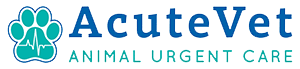 Logo of AcuteVet Animal Urgent Care, featuring a stylized paw print with a heartbeat line inside it, placed to the left of the text "AcuteVet" in bold blue letters and "ANIMAL URGENT CARE" in uppercase teal letters underneath, emphasizing trusted veterinarian services.