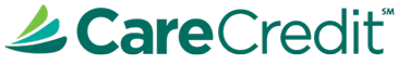 The image shows the CareCredit logo, which includes the brand name "CareCredit" in green with a stylized green and light blue leaf design to the left. The "SM" trademark symbol appears in smaller text next to the brand name, signaling its trusted use by many veterinarians.